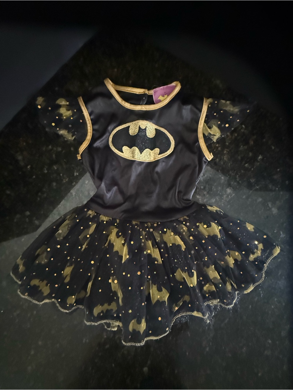 Girls Batgirl Black & Gold Sequin Mesh Tutu Dress Costume size small Halloween